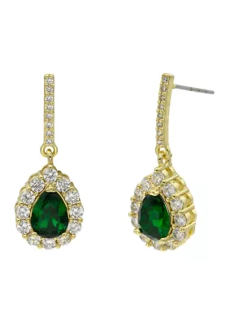 Pear Green Crystal CZ Halo Drop Earrings