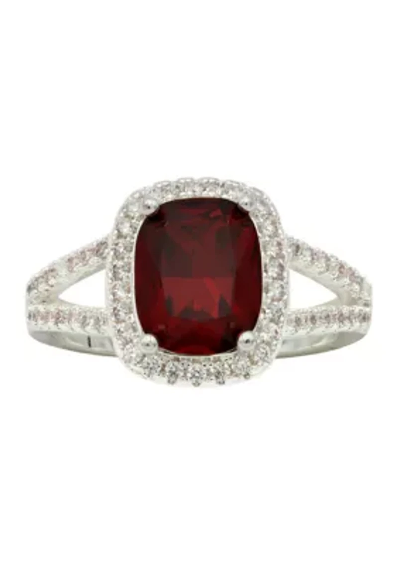 Lab Grown Cushion-Cut Red Crystal Pavé CZ Halo Ring