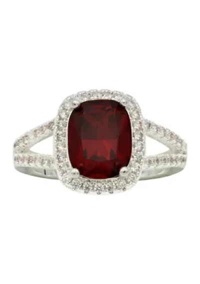 Lab Grown Cushion-Cut Red Crystal Pavé CZ Halo Ring