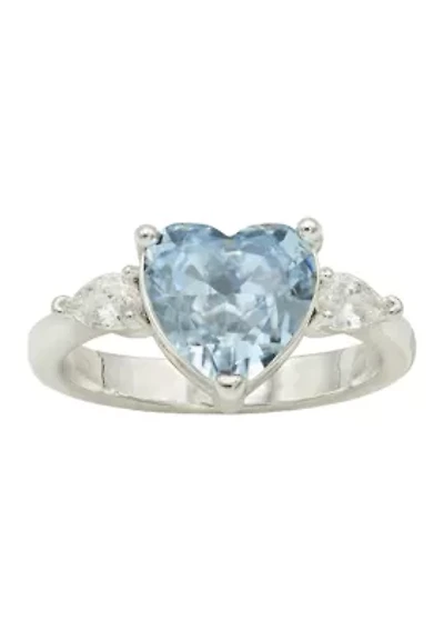 Lab Grown Silver Tone Heart Shaped Sapphire Crystal with Cubic Zirconia Baguette Ring