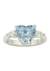 Lab Grown Silver Tone Heart Shaped Sapphire Crystal with Cubic Zirconia Baguette Ring