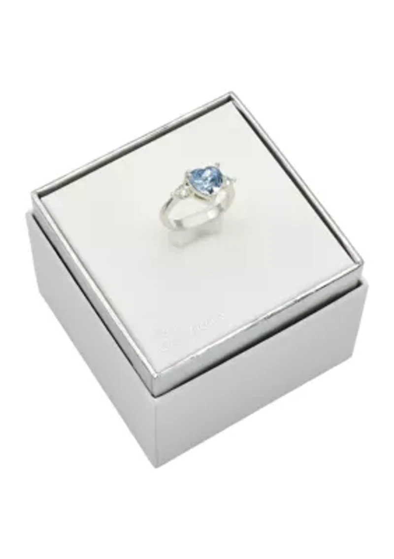 Lab Grown Silver Tone Heart Shaped Sapphire Crystal with Cubic Zirconia Baguette Ring