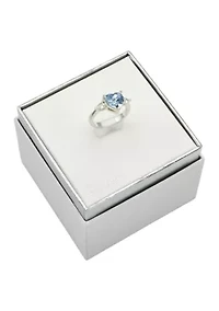 Lab Grown Silver Tone Heart Shaped Sapphire Crystal with Cubic Zirconia Baguette Ring