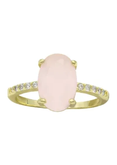 Lab Grown Gold Tone Dusty Pink Oval Crystal with Pave Cubic Zirconia Band Ring