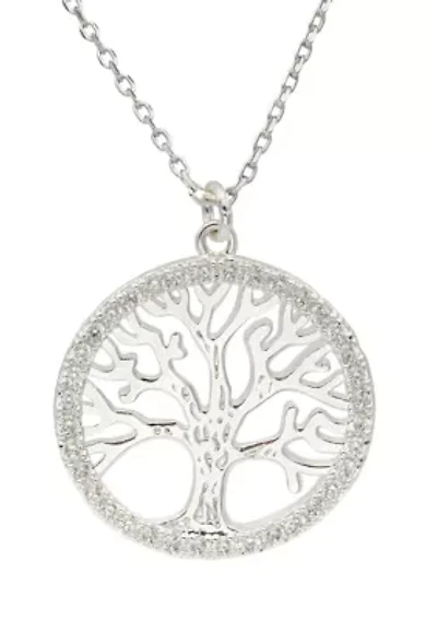 Lab Grown Silver Tone Cubic Zirconia Open Tree Circular Pendant Necklace