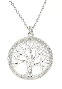 Lab Grown Silver Tone Cubic Zirconia Open Tree Circular Pendant Necklace