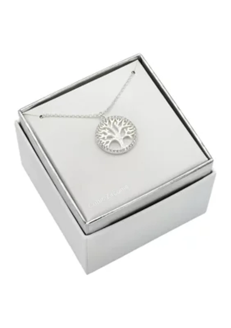 Lab Grown Silver Tone Cubic Zirconia Open Tree Circular Pendant Necklace