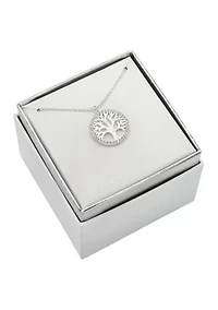 Lab Grown Silver Tone Cubic Zirconia Open Tree Circular Pendant Necklace
