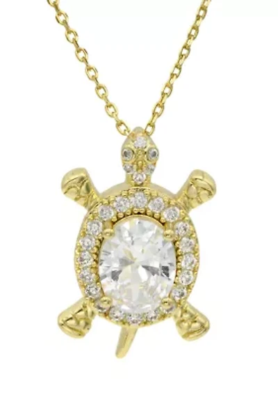 Lab Grown Gold Tone Oval Cubic Zirconia Turtle Pendant Necklace