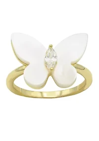 Lab Grown Gold Tone Mother of Pearl Butterfly with Clear Cubic Zirconia Ring