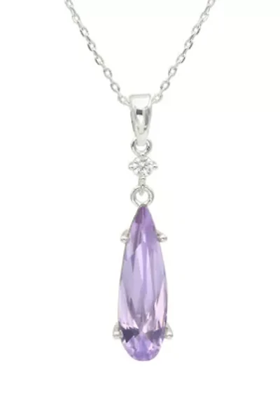 Lab Grown Silver Tone Violet Crystal and Clear Cubic Zirconia Teardrop Pendant