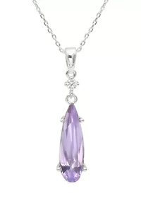Lab Grown Silver Tone Violet Crystal and Clear Cubic Zirconia Teardrop Pendant