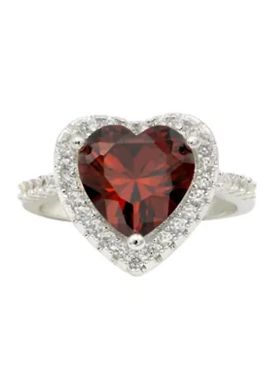 Lab Grown Silver Tone Red Crystal Heart Ring with Clear Cubic Zirconia Halo