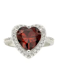 Lab Grown Silver Tone Red Crystal Heart Ring with Clear Cubic Zirconia Halo