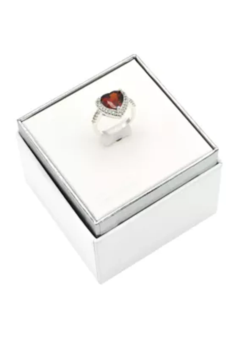 Lab Grown Silver Tone Red Crystal Heart Ring with Clear Cubic Zirconia Halo