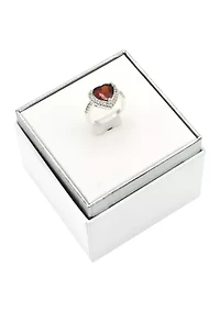 Lab Grown Silver Tone Red Crystal Heart Ring with Clear Cubic Zirconia Halo