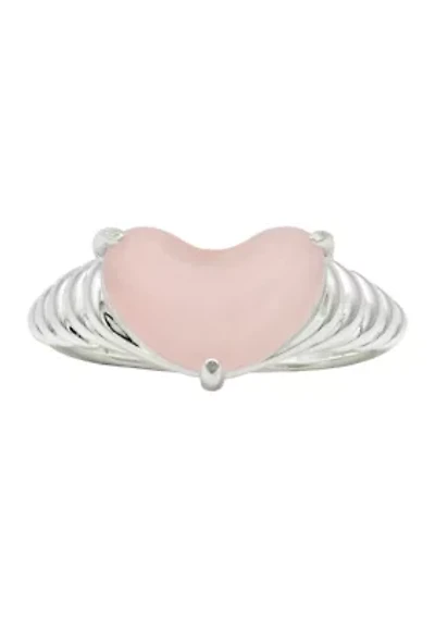 Lab Grown Silver Tone Rose Quartz Heart Ring with Textured Band