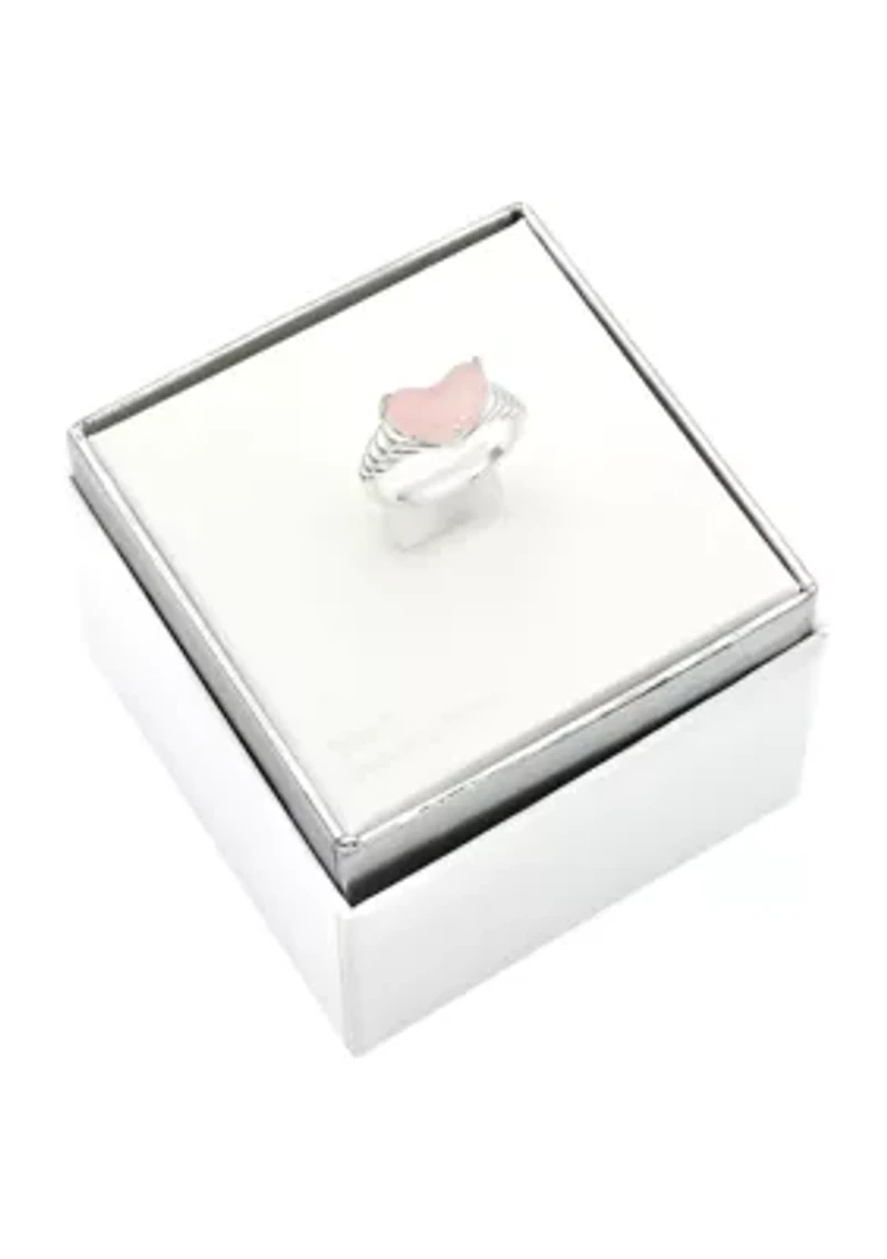 Lab Grown Silver Tone Rose Quartz Heart Ring with Textured Band
