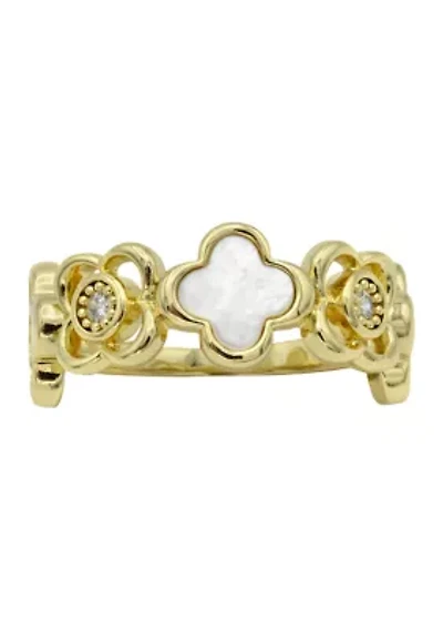 Lab Grown Gold Tone Mother Of Pearl and Clear Cubic Zirconia Clover Band