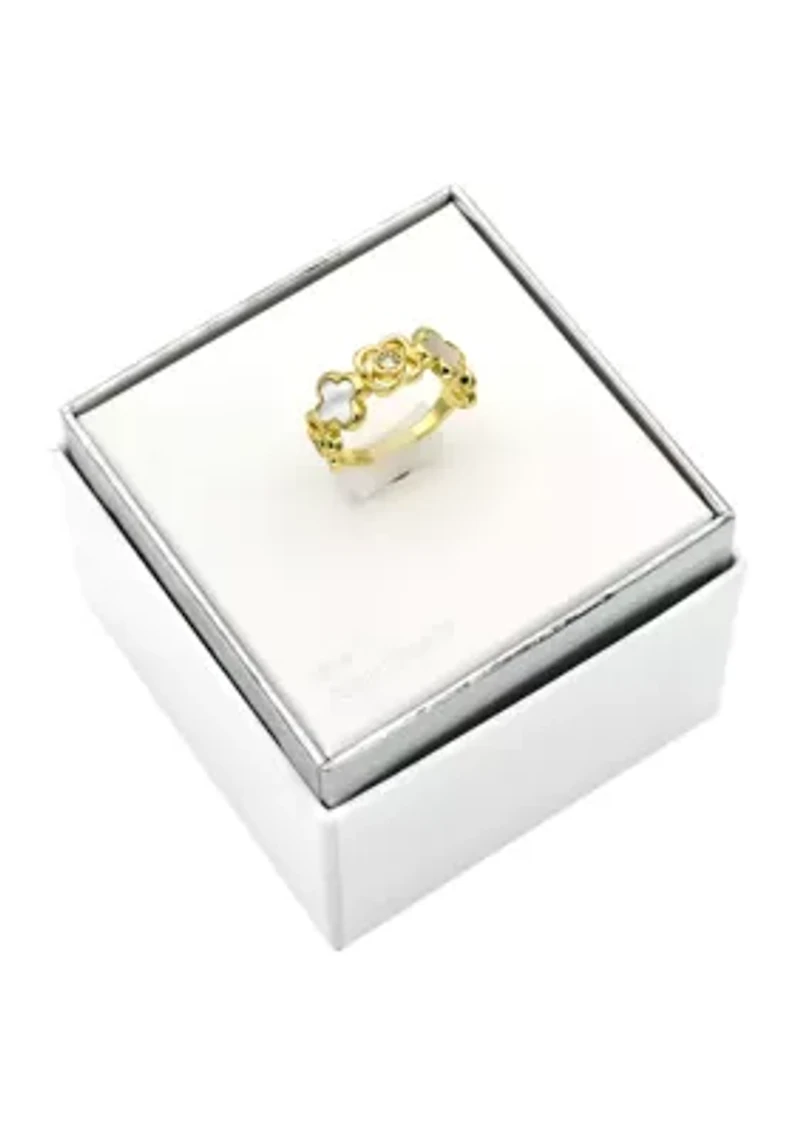 Lab Grown Gold Tone Mother Of Pearl and Clear Cubic Zirconia Clover Band