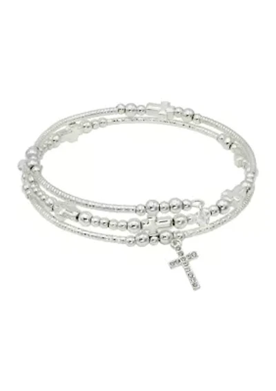 Lab Grown Beaded Wrap Bracelet with Cubic Zirconia Cross Charm