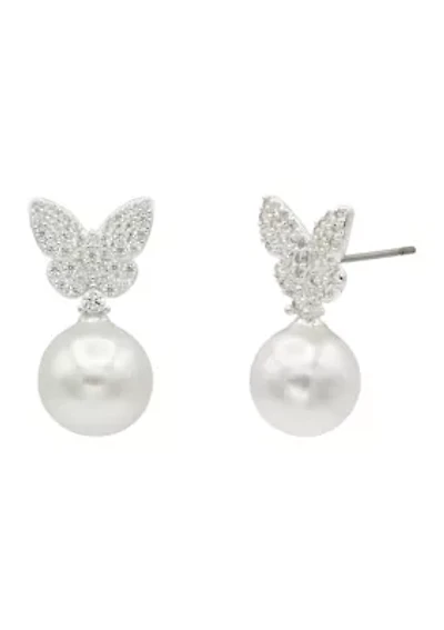 Lab Grown Silver Tone Pave Cubic Zirconia Butterfly and Pearl Drop Earring