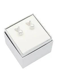 Lab Grown Silver Tone Pave Cubic Zirconia Butterfly and Pearl Drop Earring