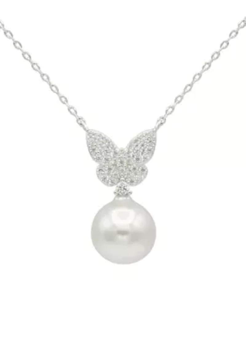 Lab Grown Silver Tone Pavé Cubic Zirconia Butterfly Pendant Necklace