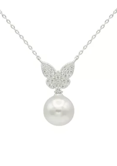 Lab Grown Silver Tone Pavé Cubic Zirconia Butterfly Pendant Necklace