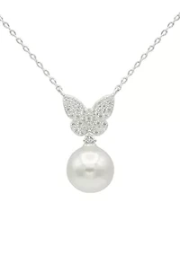 Lab Grown Silver Tone Pavé Cubic Zirconia Butterfly Pendant Necklace