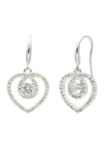 Lab Grown Silver Tone Round Cubic Zirconia with Pavé Cubic Zirconia Open Heart Drop Earrings