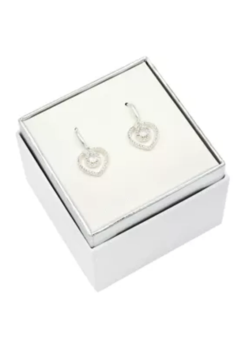 Lab Grown Silver Tone Round Cubic Zirconia with Pavé Cubic Zirconia Open Heart Drop Earrings