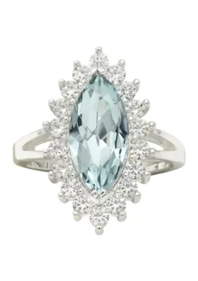 Lab Grown Cubic Zirconia Starburst Halo Blue Crystal Marquise Ring