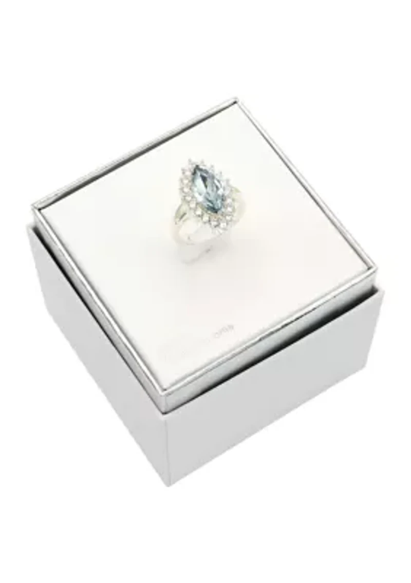 Lab Grown Cubic Zirconia Starburst Halo Blue Crystal Marquise Ring