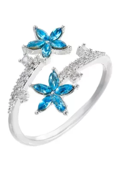 Lab Grown Silver Tone Blue Crystal Flower and Round Cubic Zirconia Open Wrap Ring