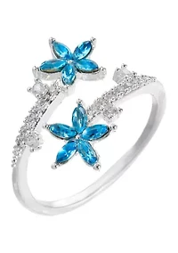 Lab Grown Silver Tone Blue Crystal Flower and Round Cubic Zirconia Open Wrap Ring