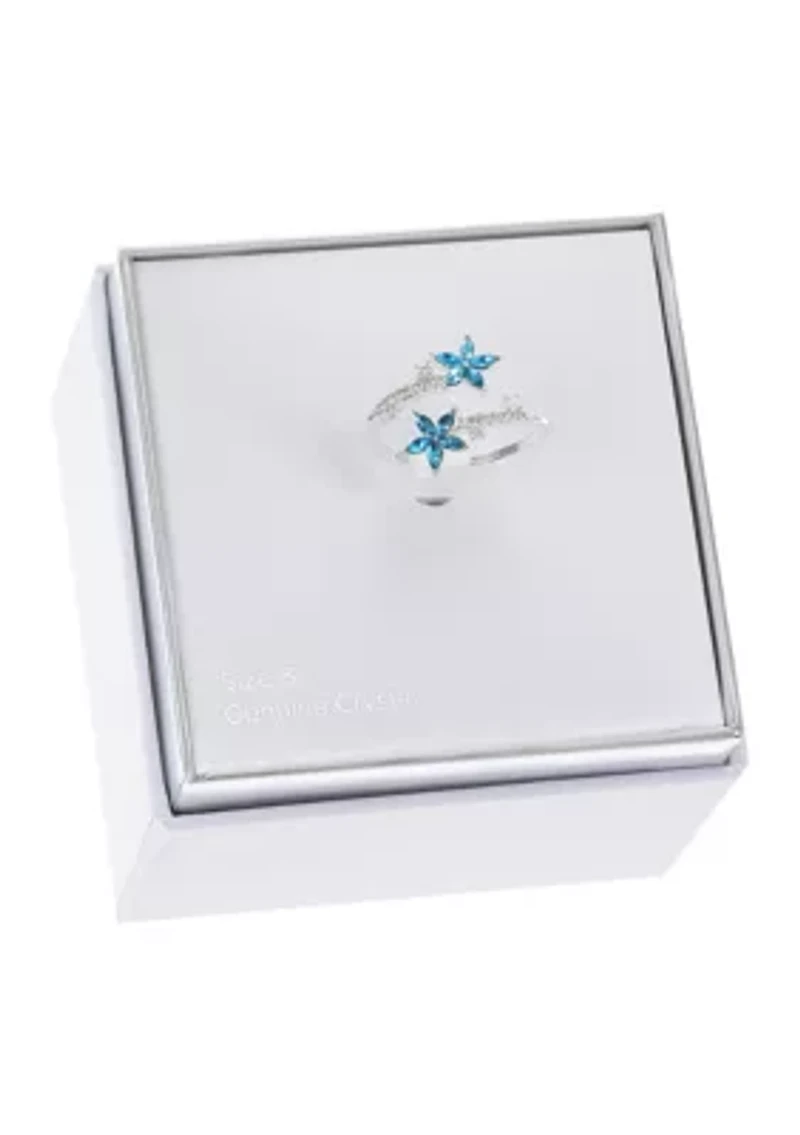 Lab Grown Silver Tone Blue Crystal Flower and Round Cubic Zirconia Open Wrap Ring