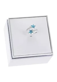 Lab Grown Silver Tone Blue Crystal Flower and Round Cubic Zirconia Open Wrap Ring