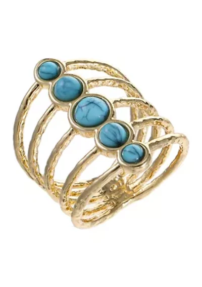 Lab Grown Gold Tone Multi Row Round Turquoise Open Ring