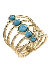 Lab Grown Gold Tone Multi Row Round Turquoise Open Ring