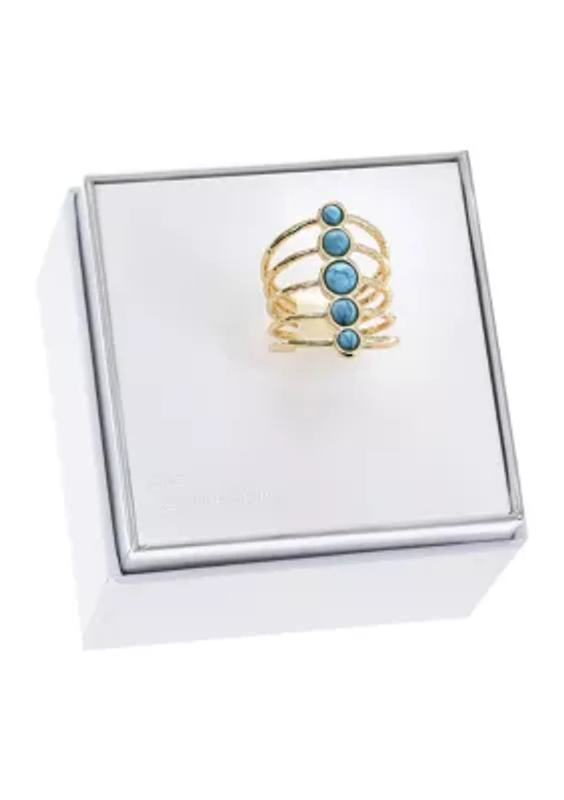 Lab Grown Gold Tone Multi Row Round Turquoise Open Ring
