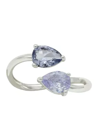 Lab Grown Silver Tone Amethyst Cubic Zirconia and Tanzanite Crystal Pear Shaped Open Wrap Ring