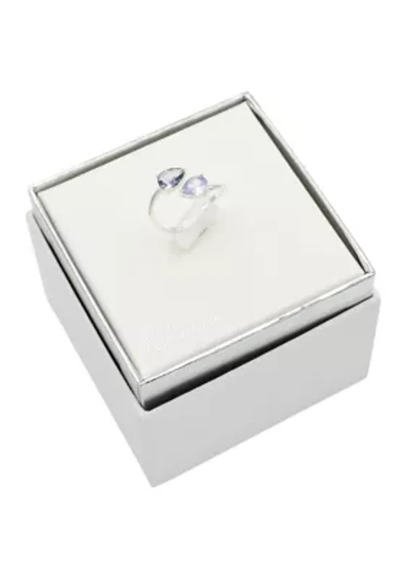 Lab Grown Silver Tone Amethyst Cubic Zirconia and Tanzanite Crystal Pear Shaped Open Wrap Ring