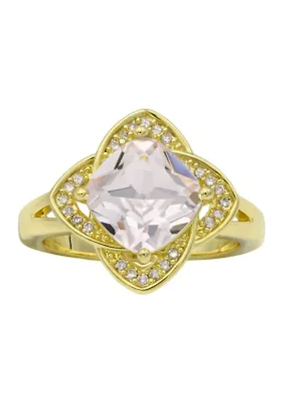 Lab Grown Pave Cubic Zirconia Clover Halo Gold Tone Morganite Crystal Ring