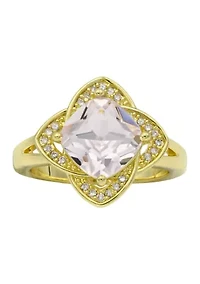 Lab Grown Pave Cubic Zirconia Clover Halo Gold Tone Morganite Crystal Ring