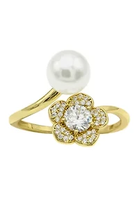 Flower Pearl Cubic Zirconia Statement Ring