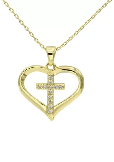 Gold Tone Open Heart Cubic Zirconia Cross Pendant Necklace