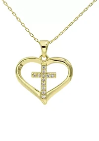 Gold Tone Open Heart Cubic Zirconia Cross Pendant Necklace