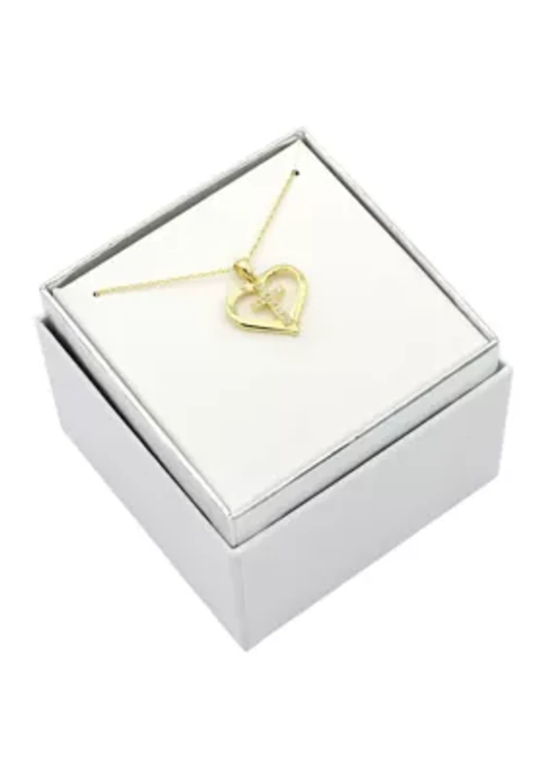 Gold Tone Open Heart Cubic Zirconia Cross Pendant Necklace