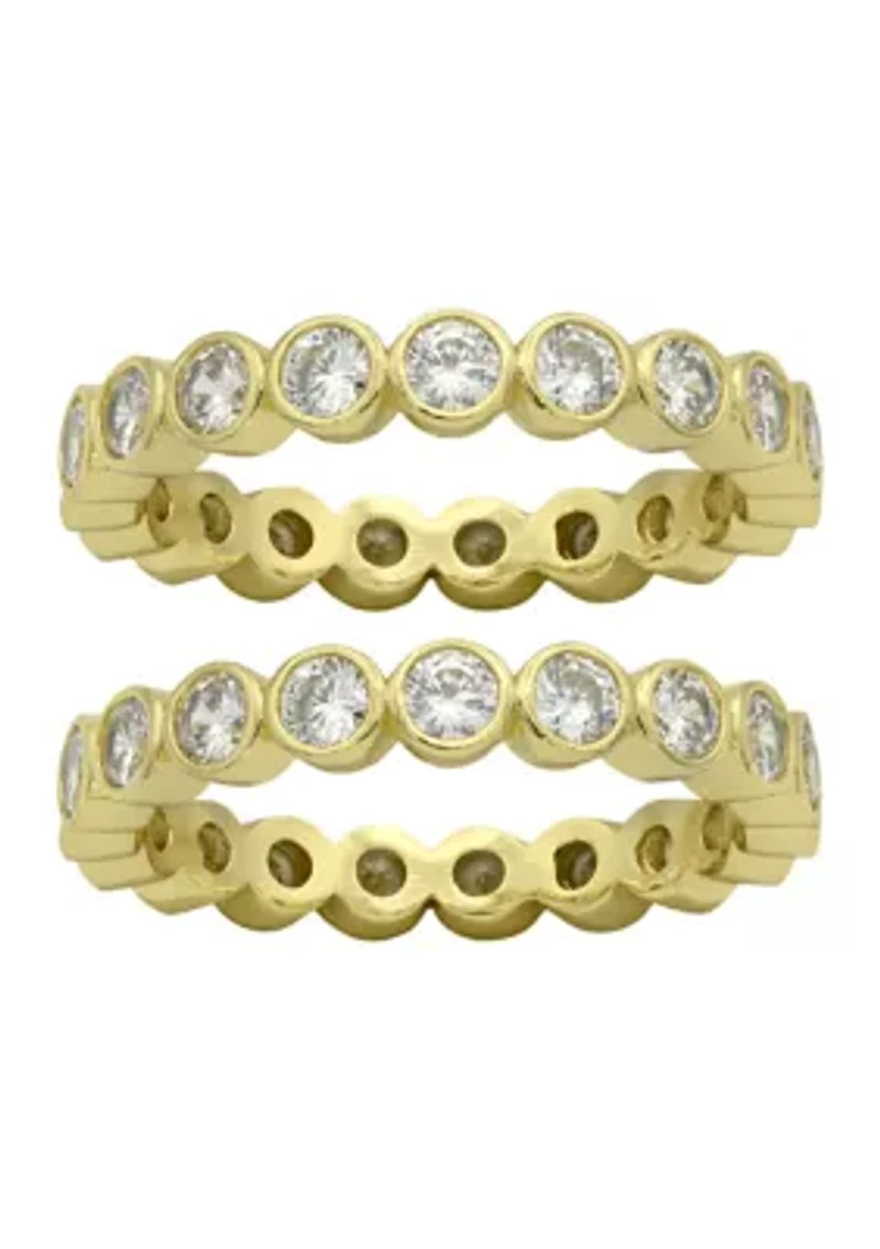 Lab Grown Gold Tone Bezel Cut Round Cubic Zirconia Duo Band Ring Set